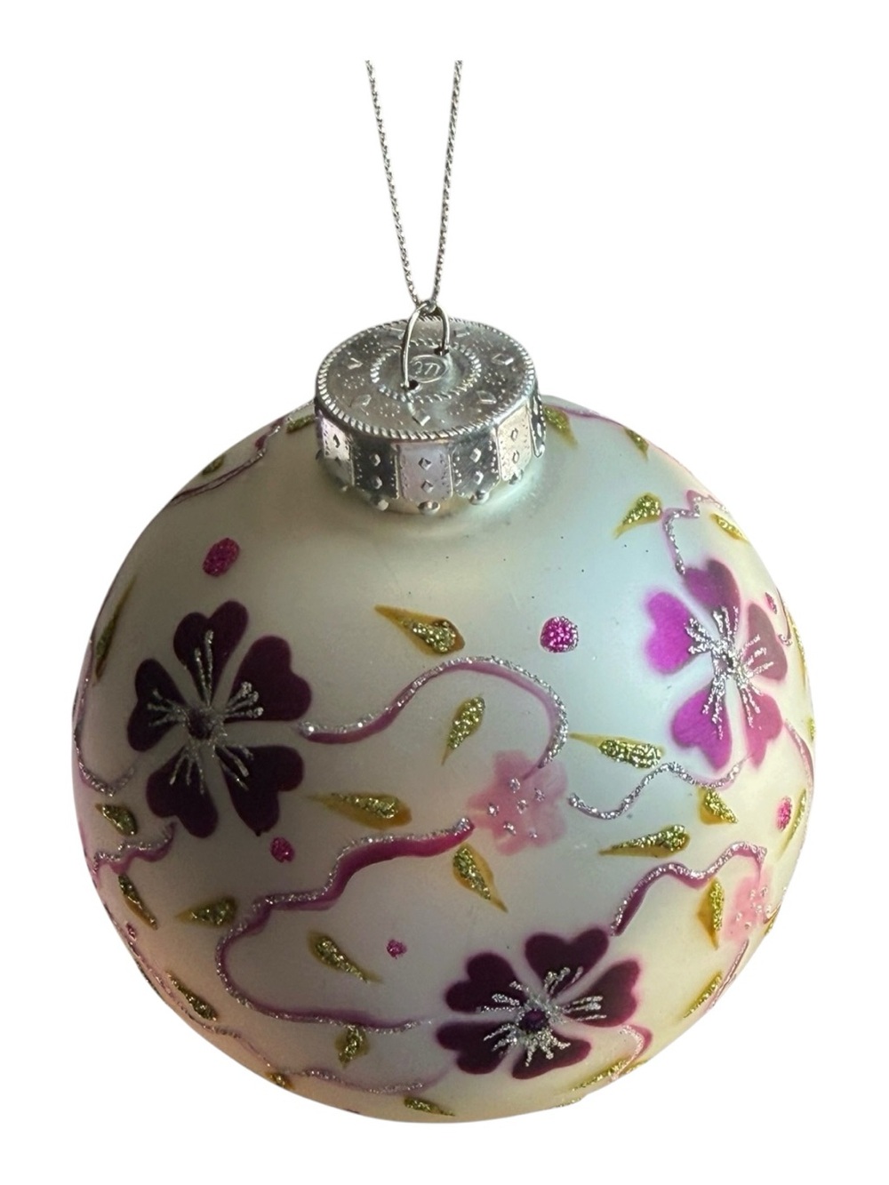 Floral Glass Christmas Ornament Pink Purple Flowers Glitter 3.25 Inch Ball